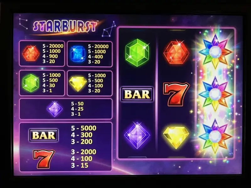 Starburst paytable and expanding wild feature screenshot