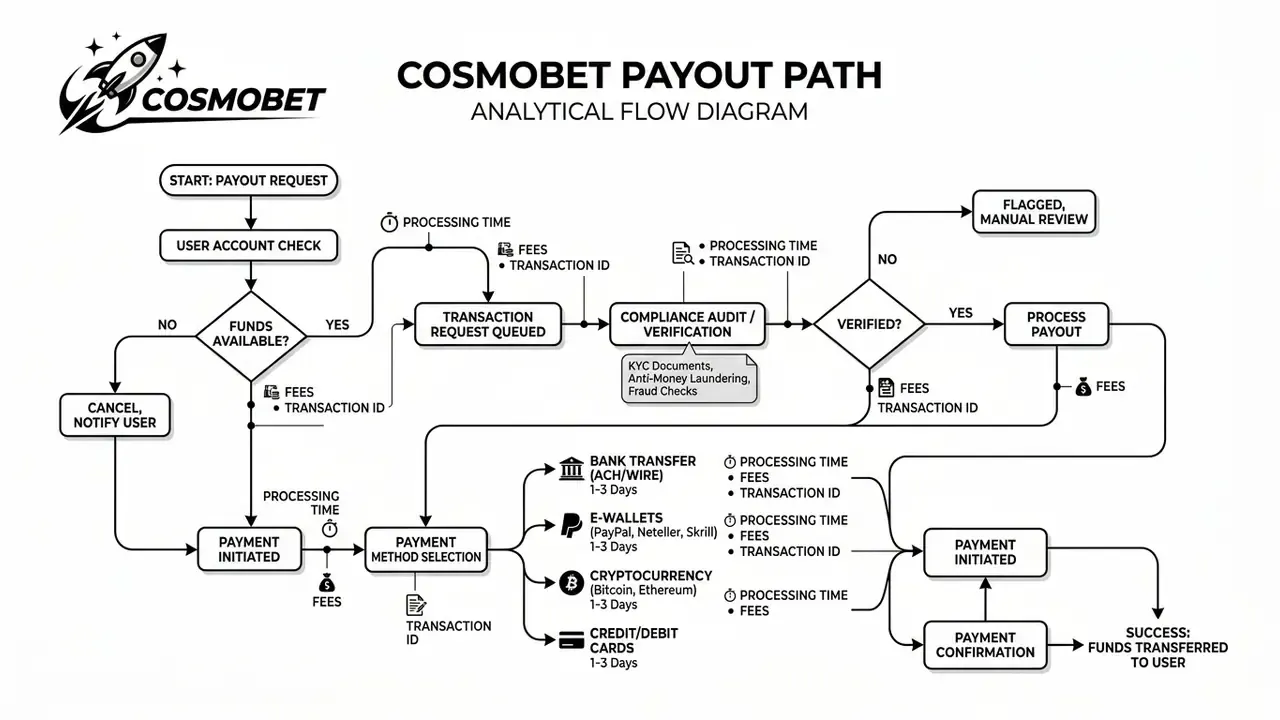 CosmoBet withdrawal time flowchart showing request, review, and payment sent