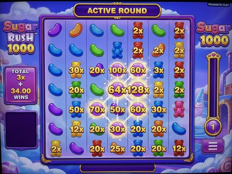 Sugar Rush 1000 free spins round with multiple active multiplier spots on the 7x7 grid.